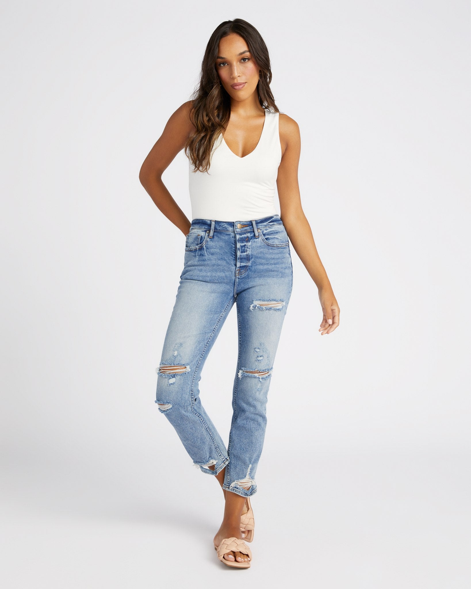 Medium Wash $|& Vigoss Frankie Slim Straight Jeans with Hidden Button Fly - SOF Full Front