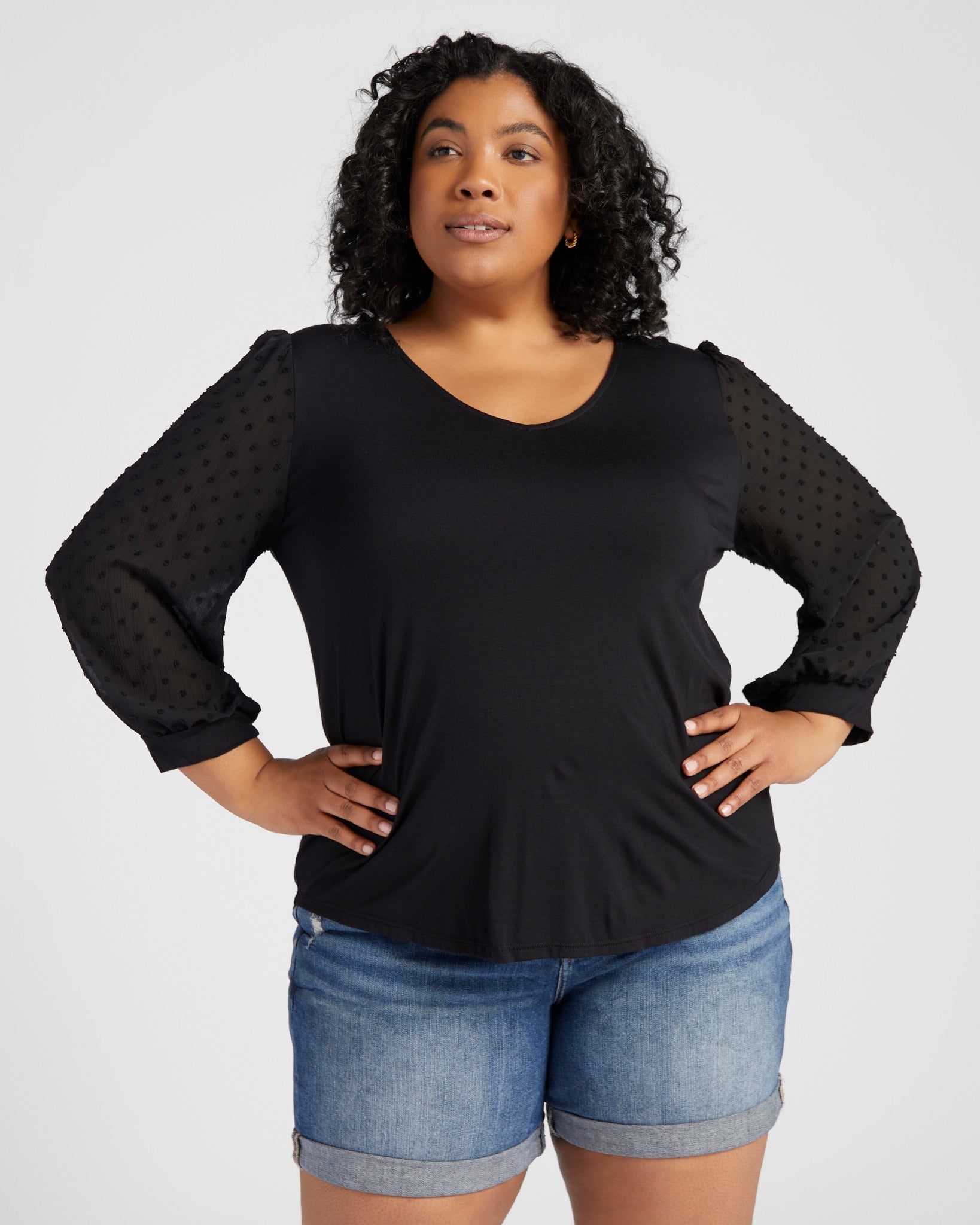 Black $|& West Kei V-Neck Top with Chiffon Sleeve - SOF Front