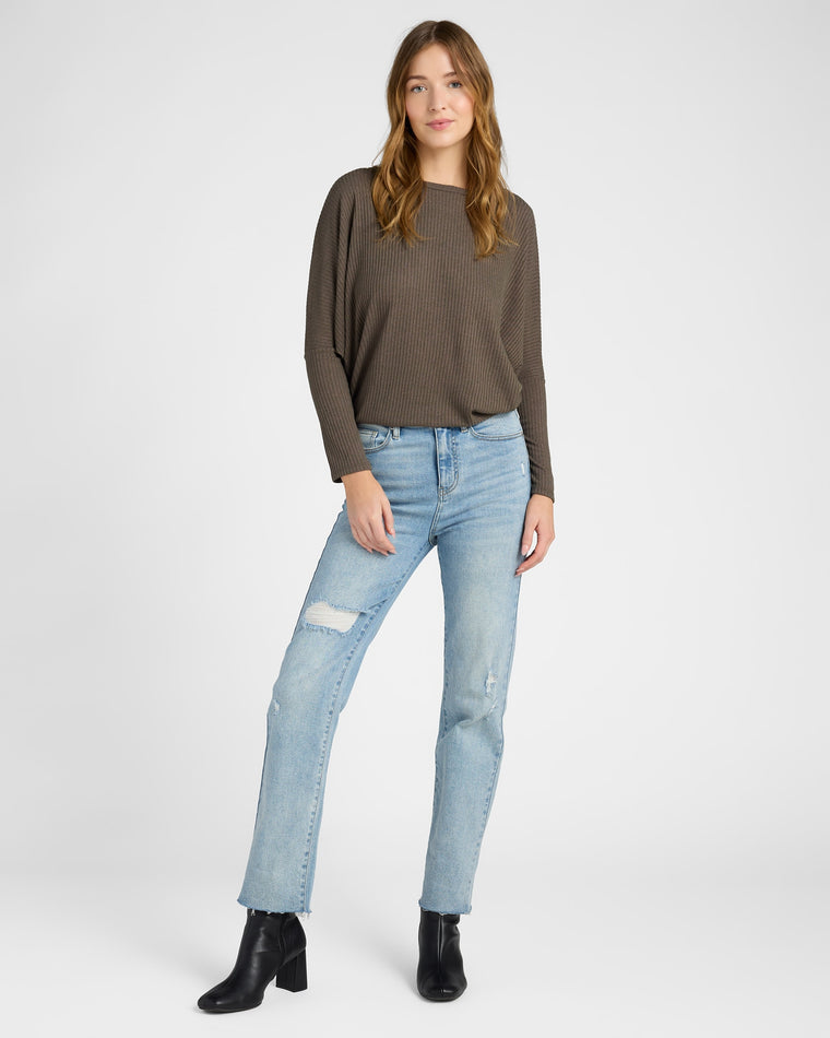 Brown $|& W. by Wantable Hacci Ribbed Long Dolman Sleeve Top - SOF Full Front