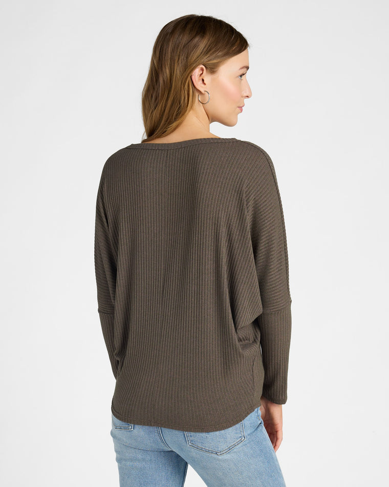 Brown $|& W. by Wantable Hacci Ribbed Long Dolman Sleeve Top - SOF Back
