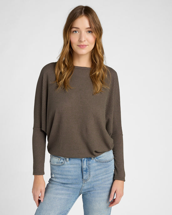 Brown $|& W. by Wantable Hacci Ribbed Long Dolman Sleeve Top - SOF Front
