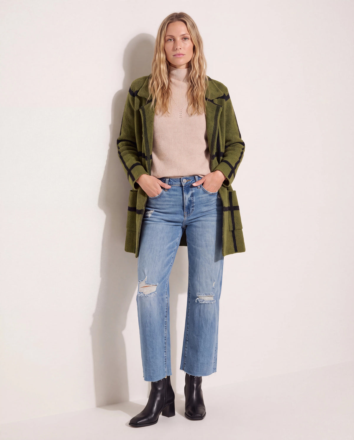 Olive/Black $|& OneWorld Plaid Sweater Coatigan - SOF Back