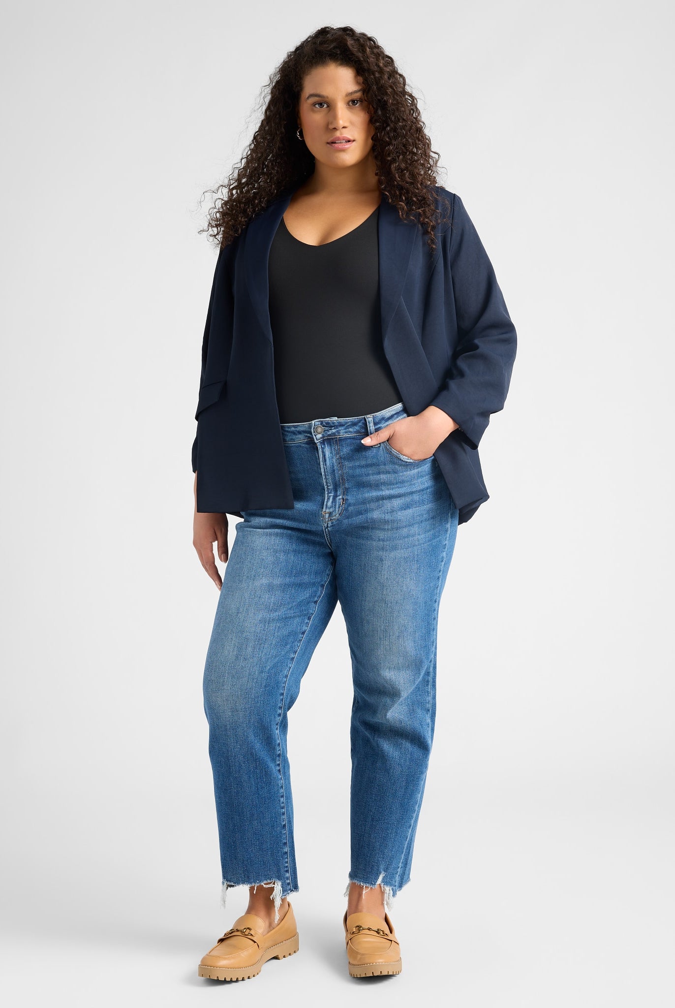 Navy $|& Skies Are Blue Recycled Shirred Sleeve Blazer - SOF Full Front
