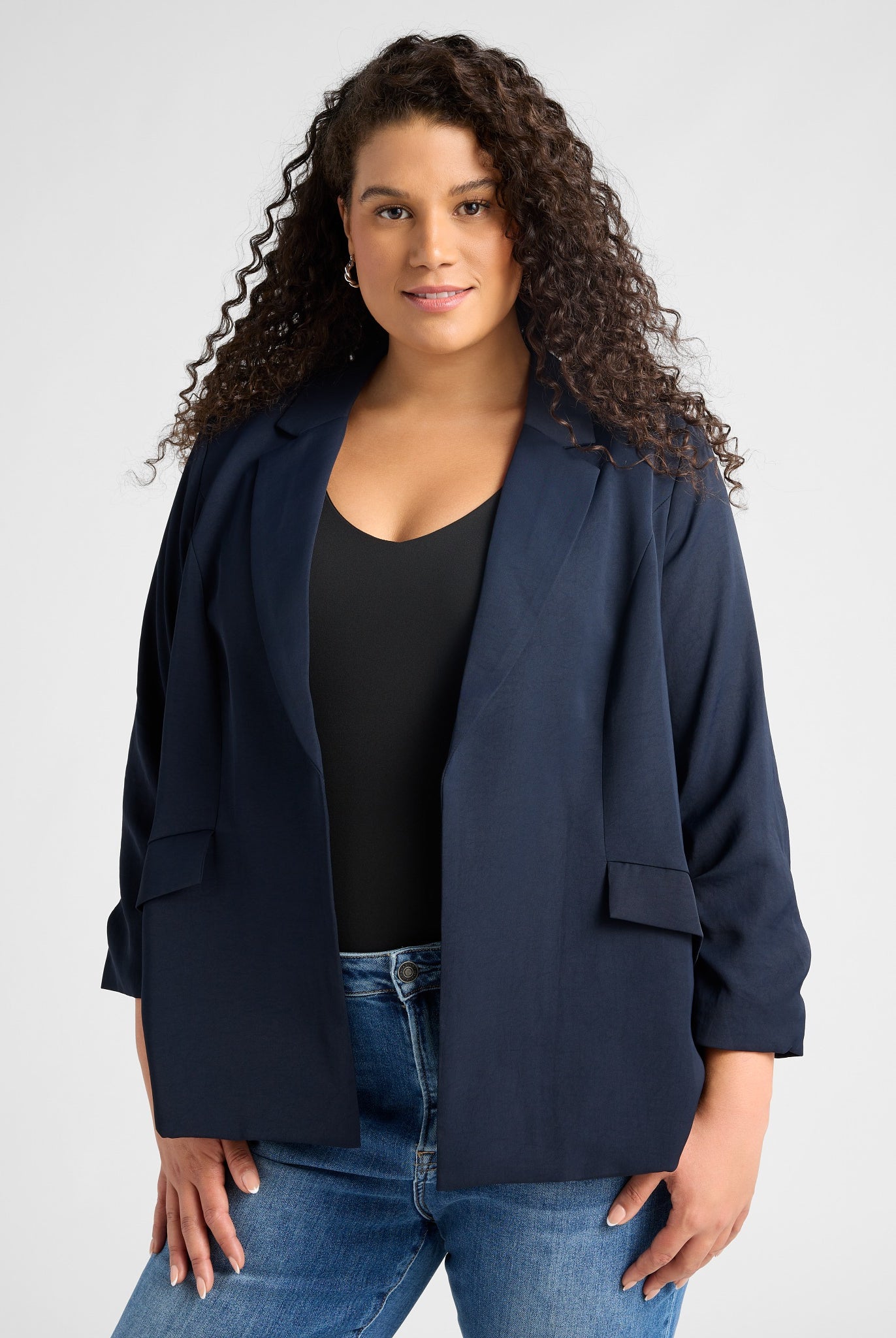 Navy $|& Skies Are Blue Recycled Shirred Sleeve Blazer - SOF Front