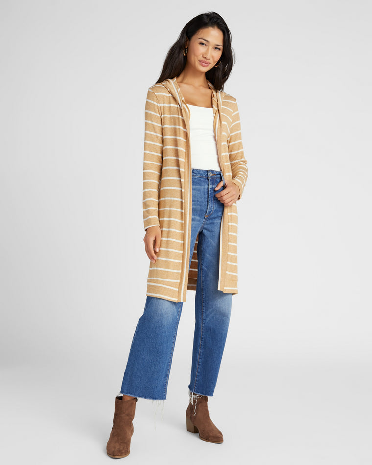 Bisquit/White $|& W. by Wantable Intermingle Stripe Hooded Cardigan - SOF Full Front