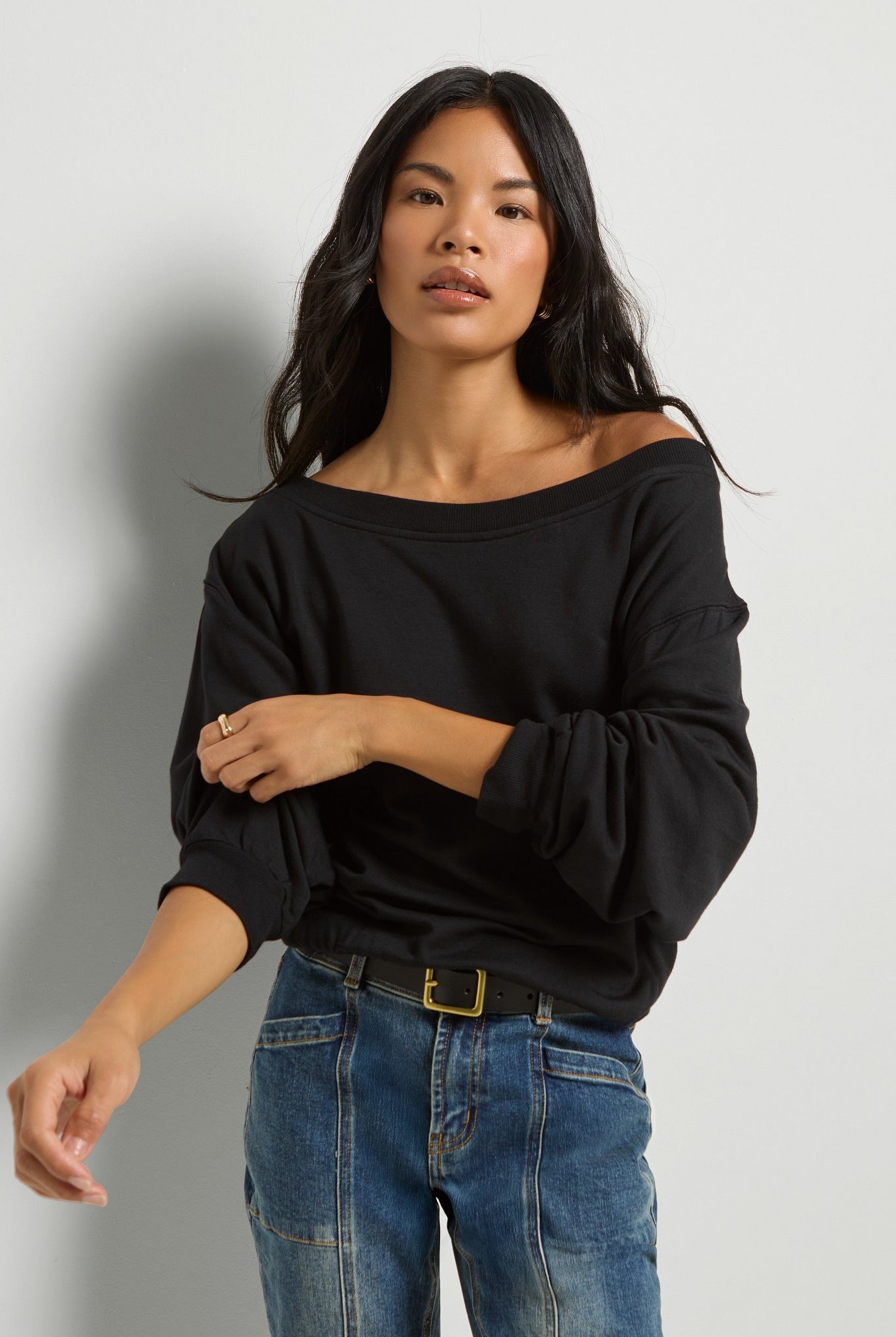 Black $|& SEAS Brooksville One Shoulder Sweatshirt - SOF Front
