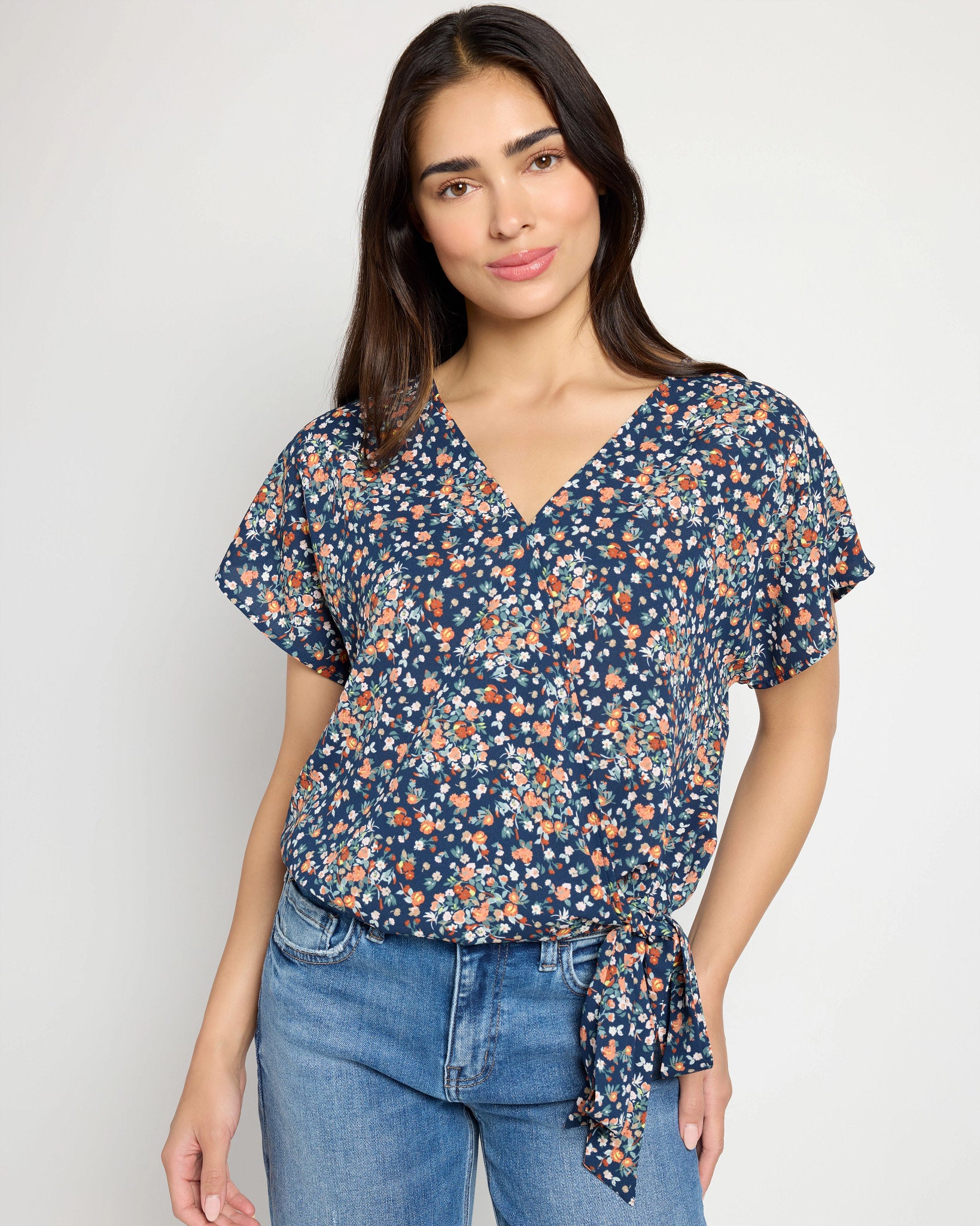 Teal/Yellow Daisy $|& West Kei Floral Woven Short Sleeve Surplice Top - SOF Front