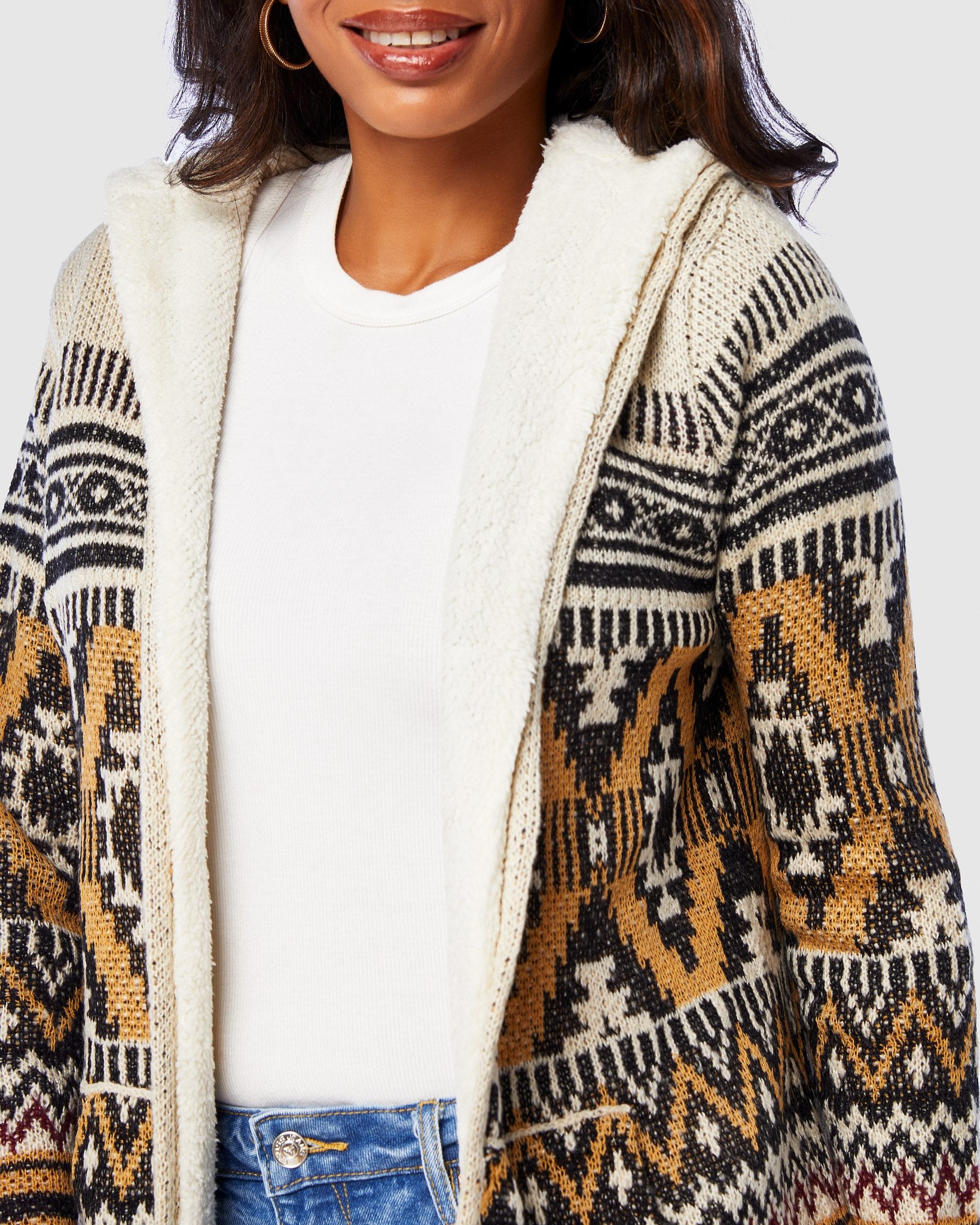 Mustard/Black $|& Woven Heart Tribal Fleece Lined Hooded Cardigan - SOF Detail