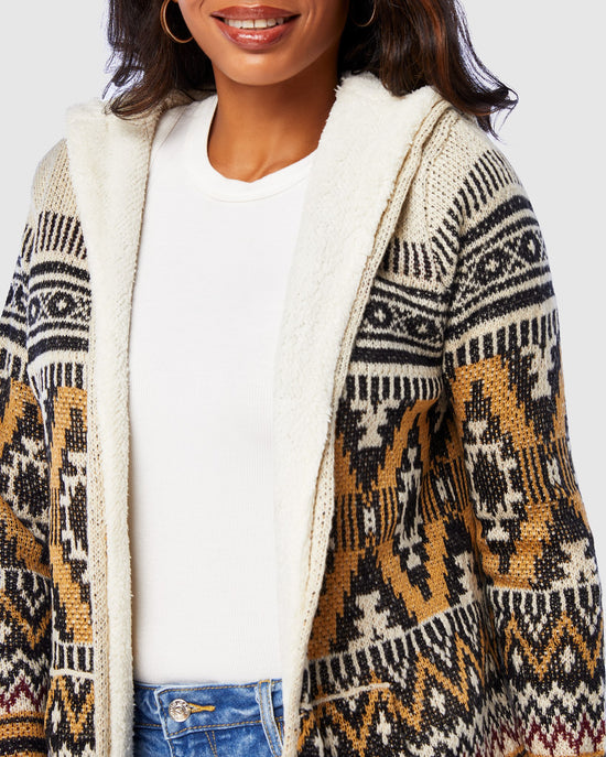 Mustard/Black $|& Woven Heart Tribal Fleece Lined Hooded Cardigan - SOF Detail