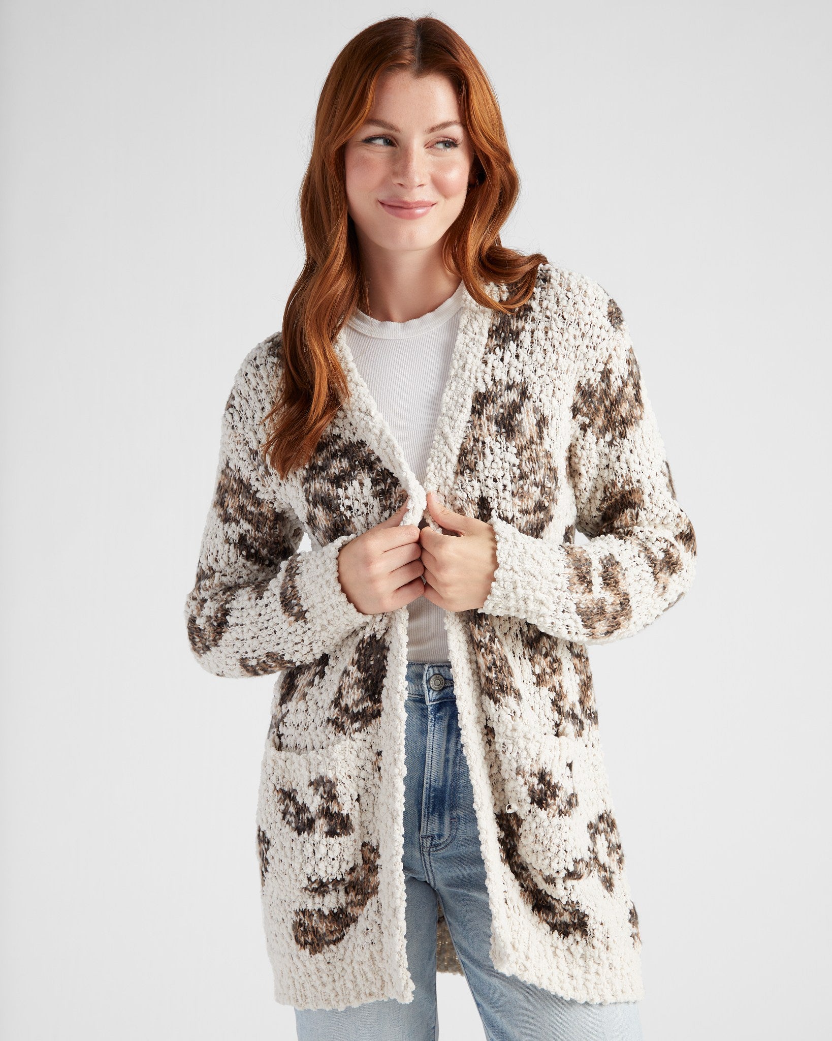 Oatmeal Leopard $|& B Collection by Bobeau Animal Popcorn Cardigan - SOF Front