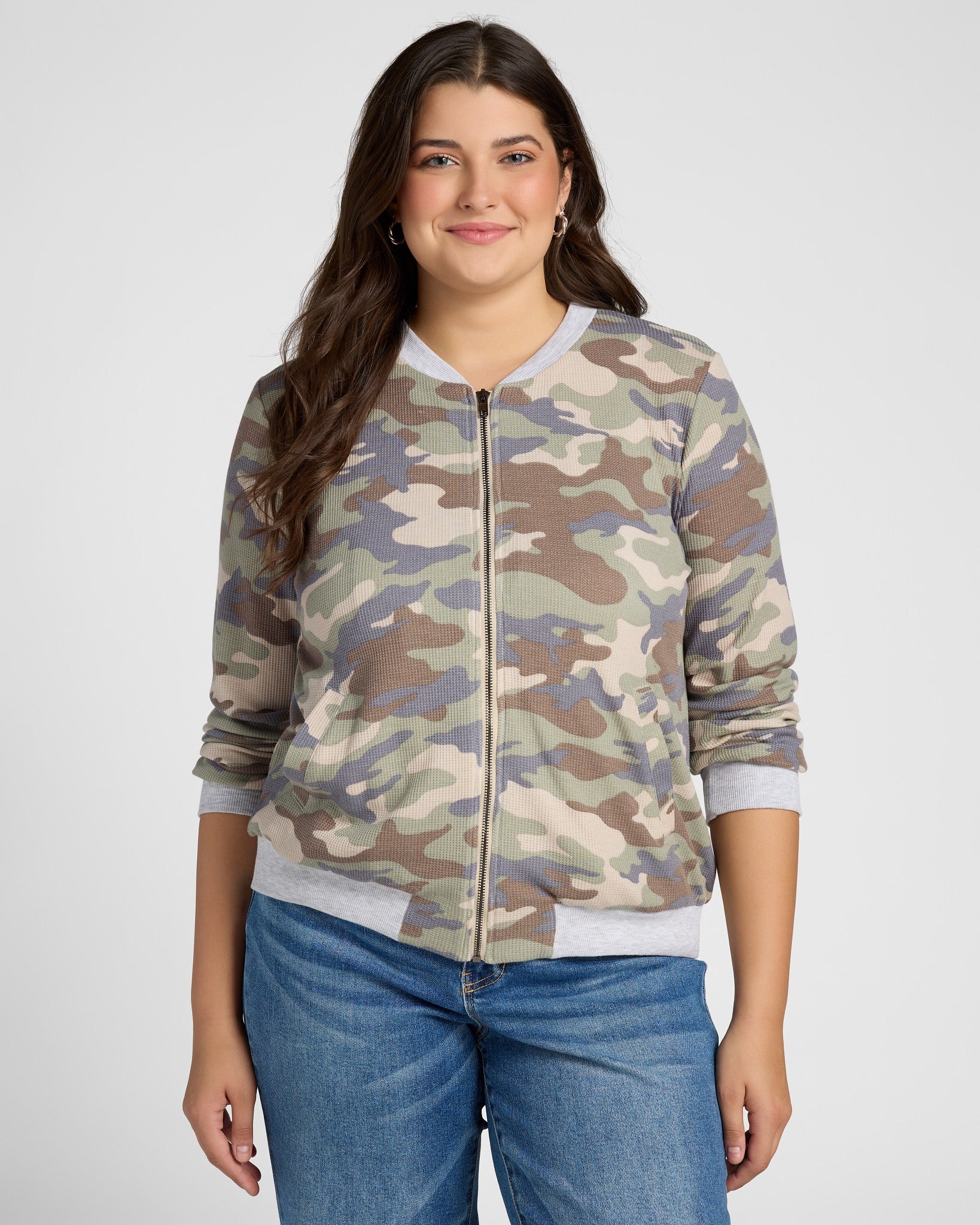 Sage $|& Hem & Thread Thermal Knit Camo Bomber Jacket - SOF Front