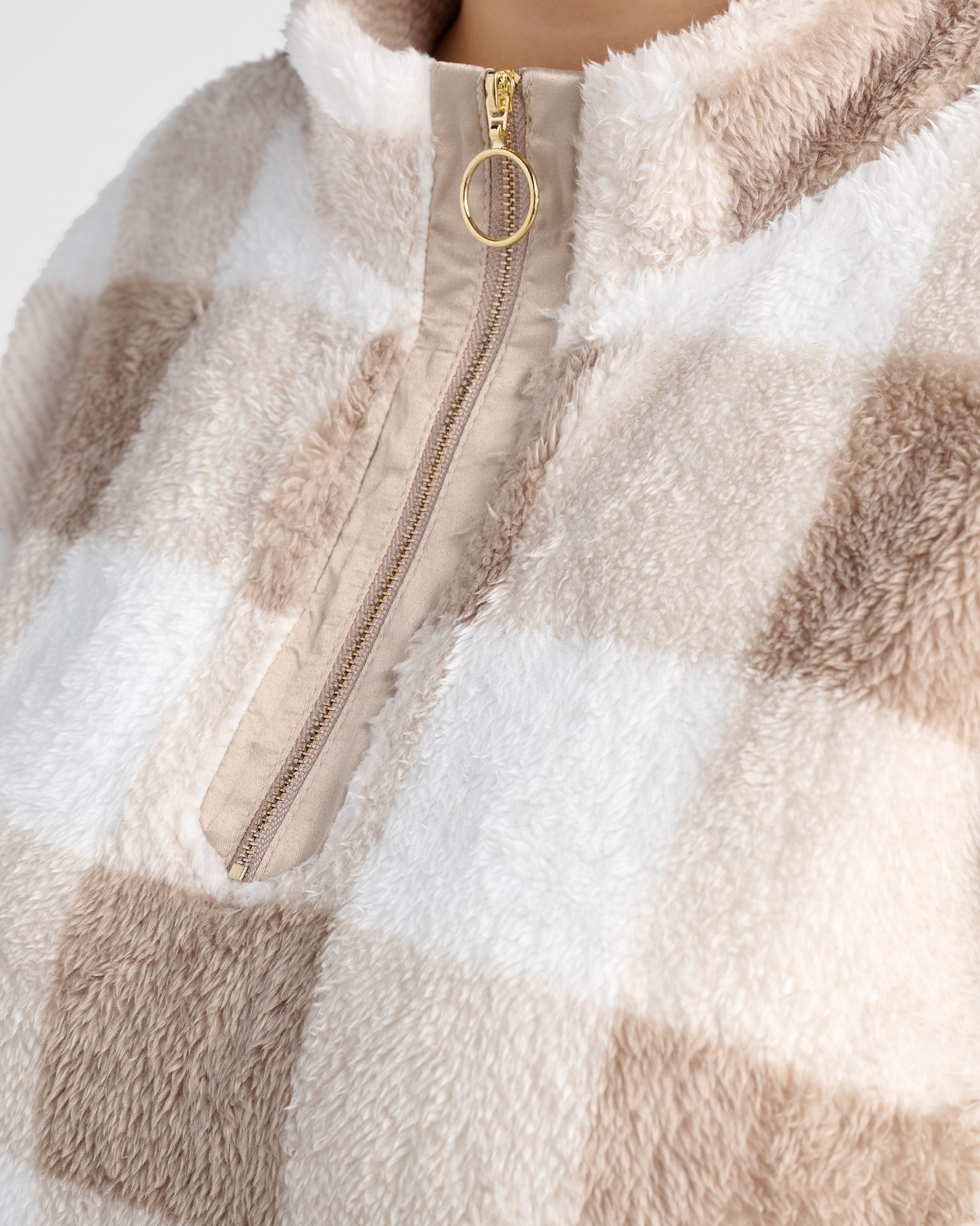 Mocha $|& Vanilla Bay Gingham Check Sherpa Half Zip - SOF Detail