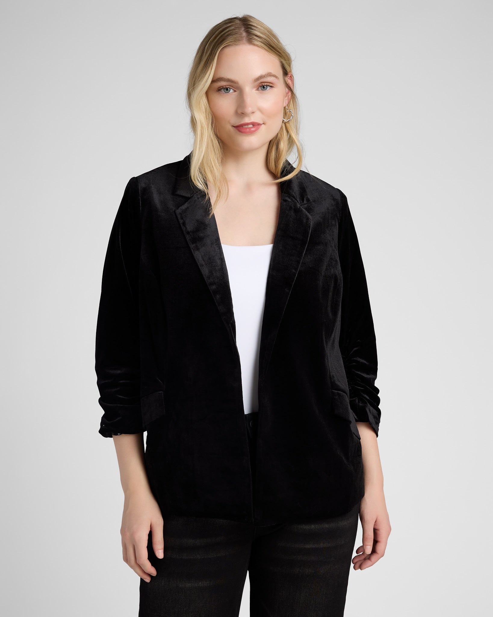 Black $|& Skies Are Blue Ruched Sleeve Velvet Blazer - SOF Front