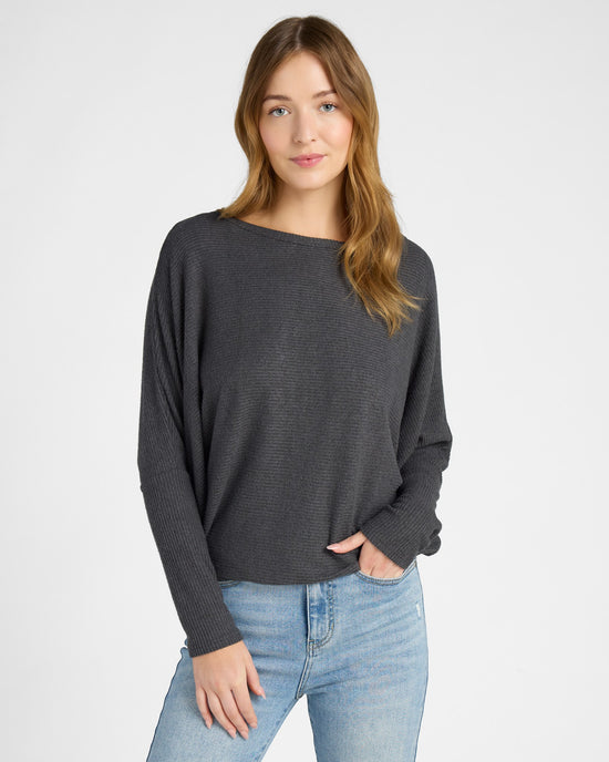 Dark Charcoal $|& W. by Wantable Brushed Ribbed Intermingle Dolman Top - SOF Front