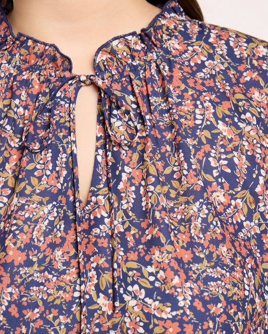 Navy $|& VOY Los Angeles Floral Pleated Sleeve Top with Tie - SOF Full Front