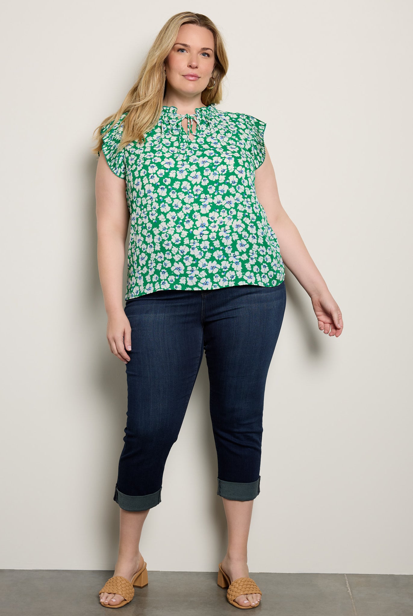 Green $|& VOY Los Angeles Floral Pleated Sleeve Top with Tie - UGC On Fig