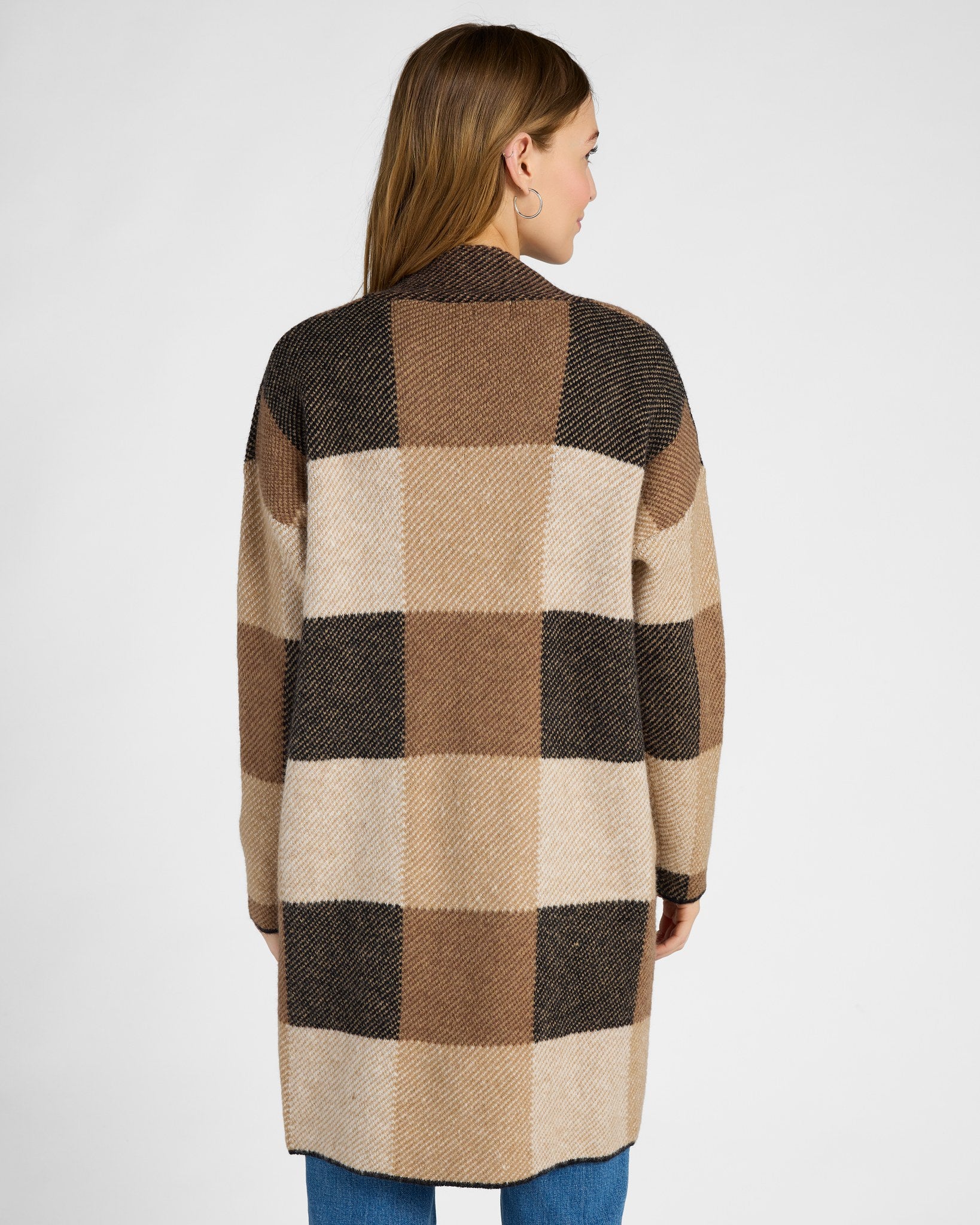 Camel $|& Dreamers Multi Plaid Sweater Cardigan with Pockets - SOF Back