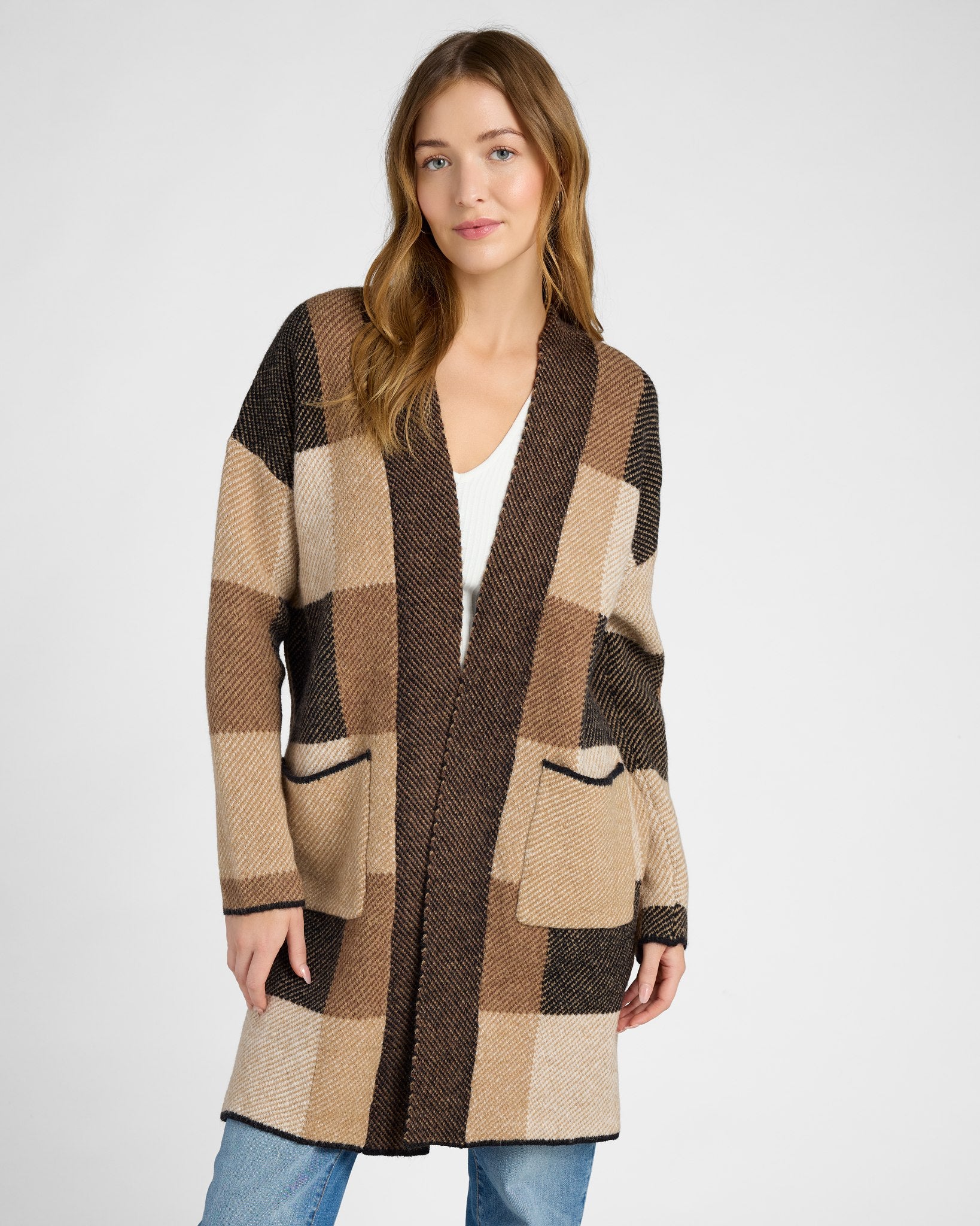 Camel $|& Dreamers Multi Plaid Sweater Cardigan with Pockets - SOF Front