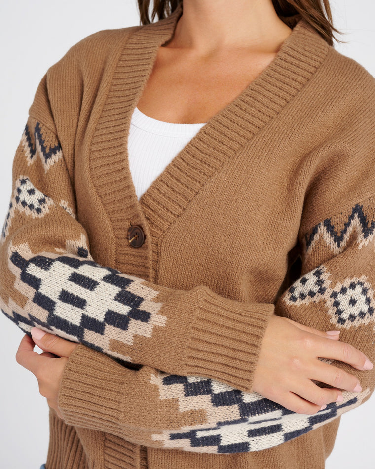 Taupe $|& Vigoss Aztec Button Front Cardigan - SOF Detail