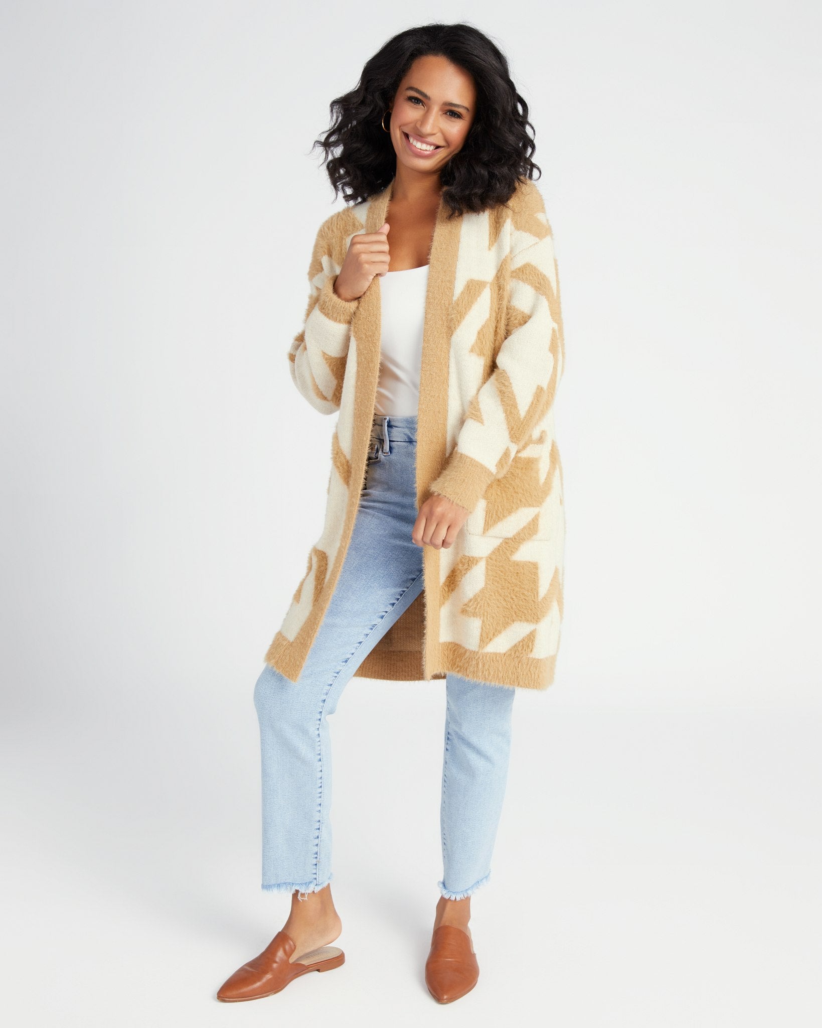 Carmel Cream $|& Lush Houndstooth Long Cardigan - SOF Full Front