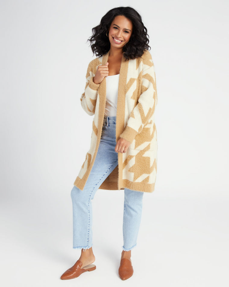 Carmel Cream $|& Lush Houndstooth Long Cardigan - SOF Full Front