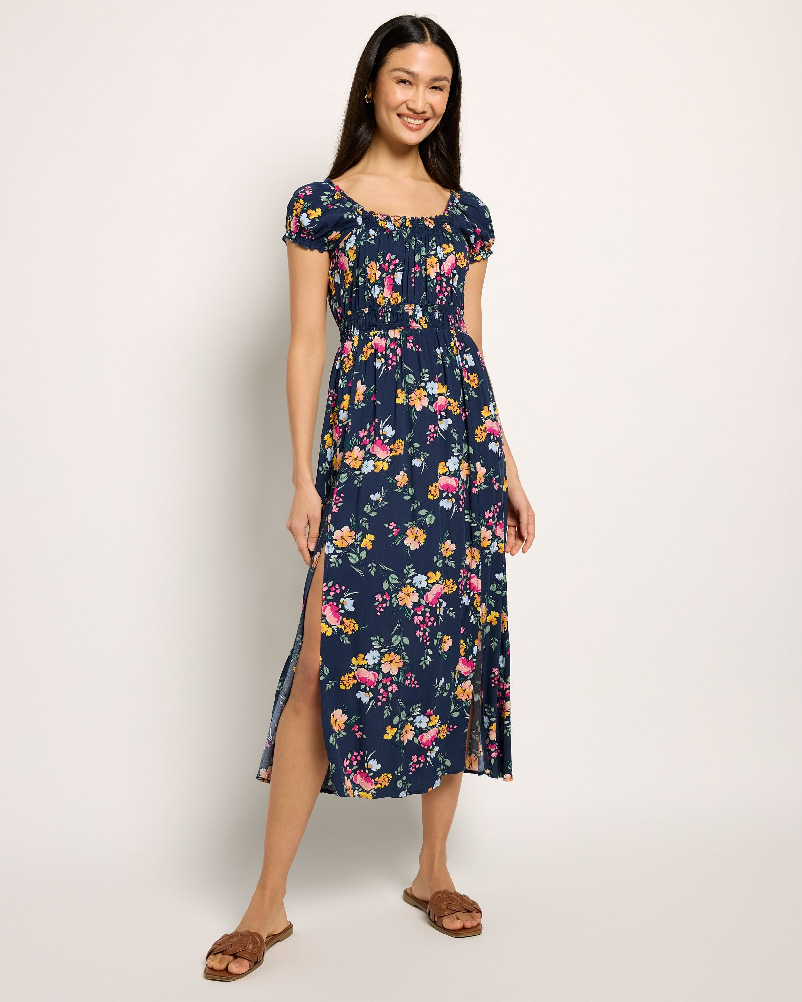 Navy $|& Apricot Bright Floral Midi Dress - SOF Front