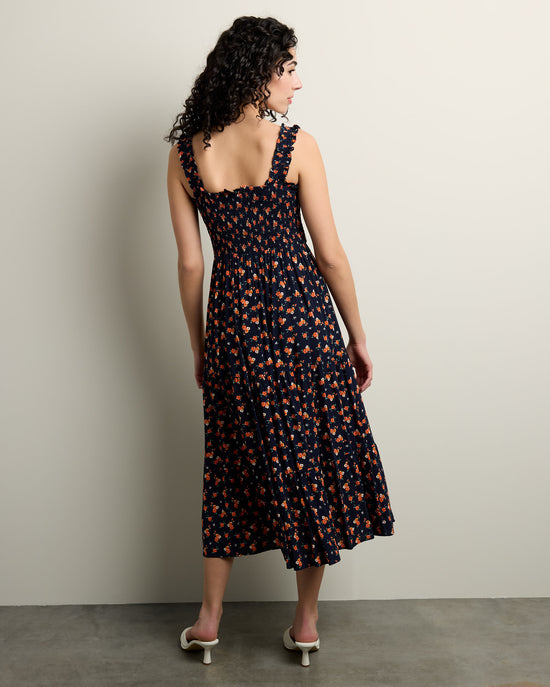 Navy $|& Apricot Watercolor Rose Slub Midi Dress - SOF Back