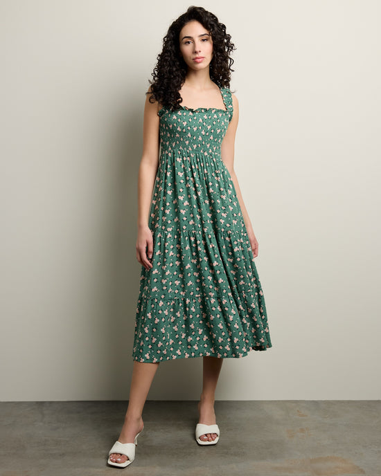 Green $|& Apricot Watercolour Rose Slub Midi Dress - SOF Front