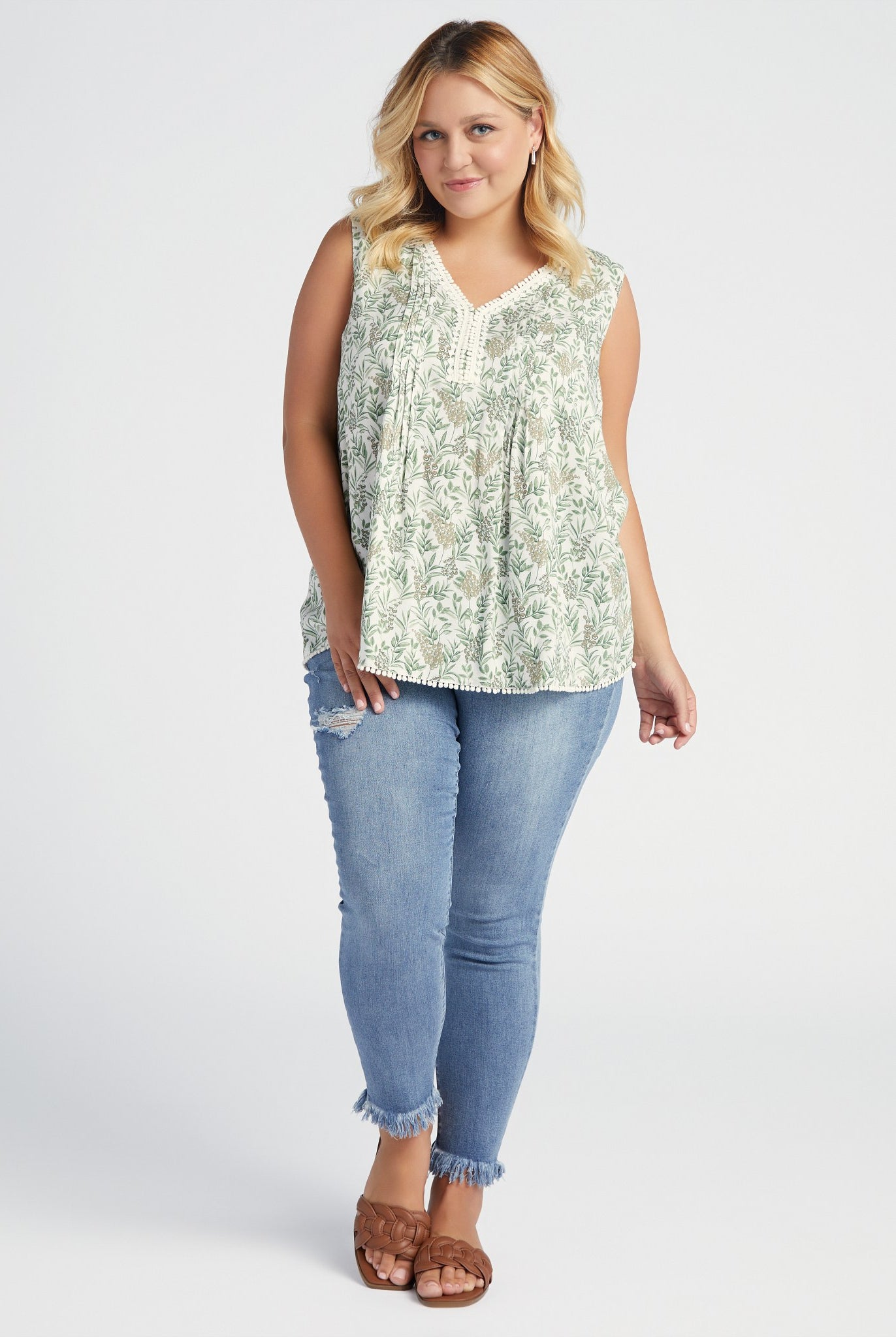 Ivory/Sage $|& Skies Are Blue Flower Print Trim Detail Blouse - SOF Full Front