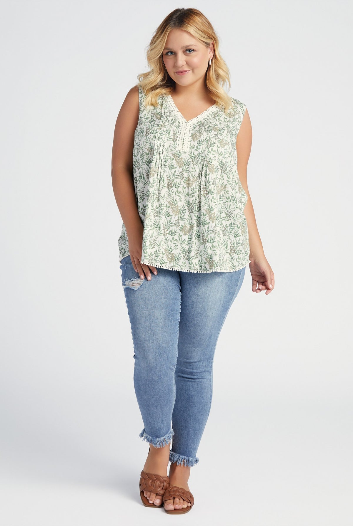 Ivory-Sage $|& Skies Are Blue Flower Print Trim Detail Blouse - SOF Full Front