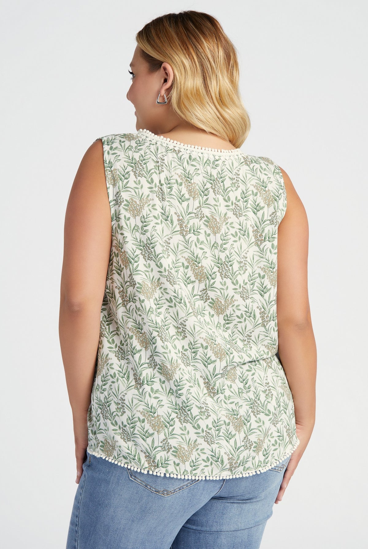 Ivory-Sage $|& Skies Are Blue Flower Print Trim Detail Blouse - SOF Back