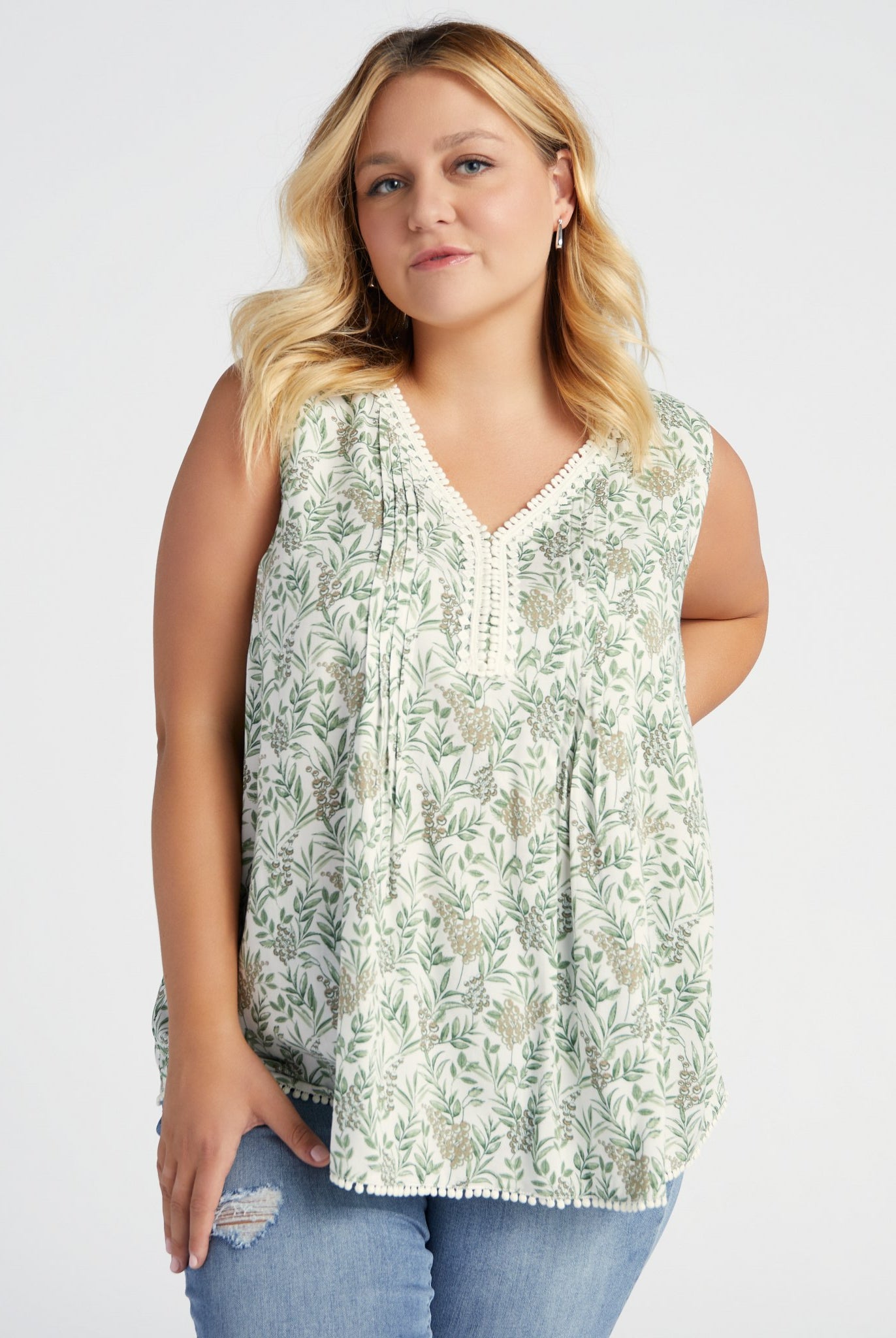 Ivory/Sage $|& Skies Are Blue Flower Print Trim Detail Blouse - SOF Front