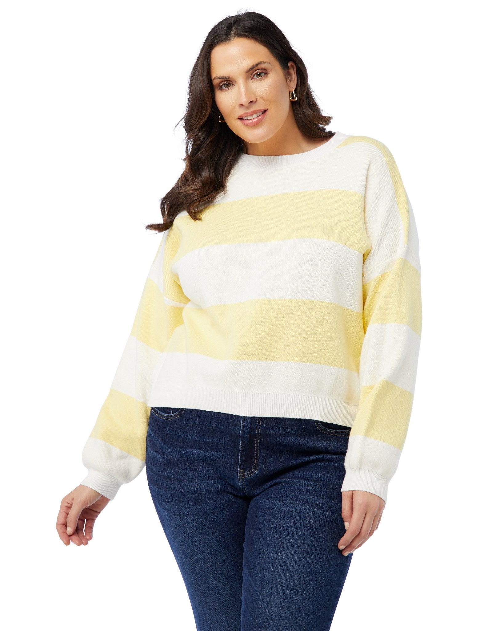 White/Lemonade $|& Vigoss Stripe Crewneck Sweater - SOF Front