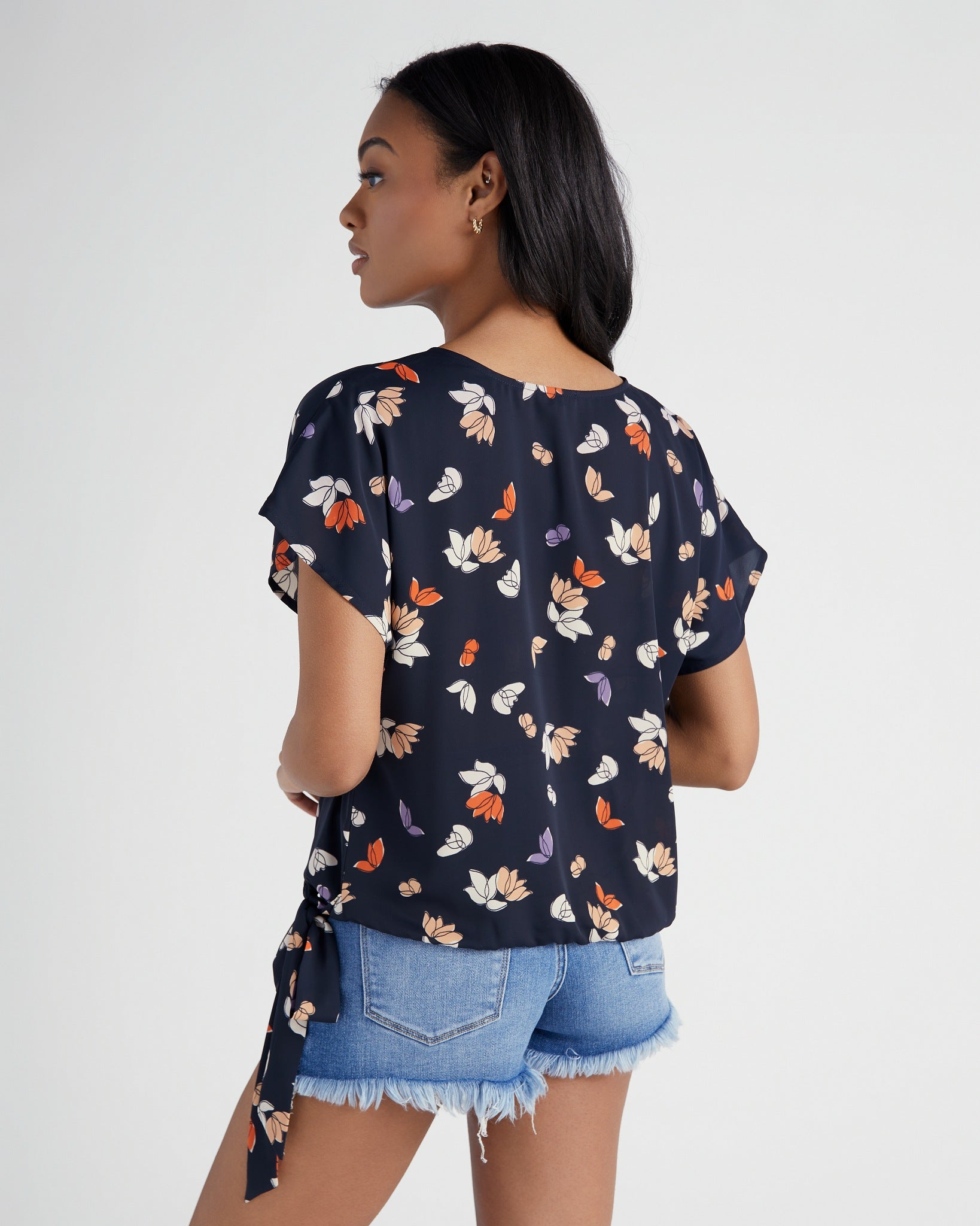 Dark Navy Floral $|& West Kei Floral Woven Short Sleeve Surplice Top - SOF Back