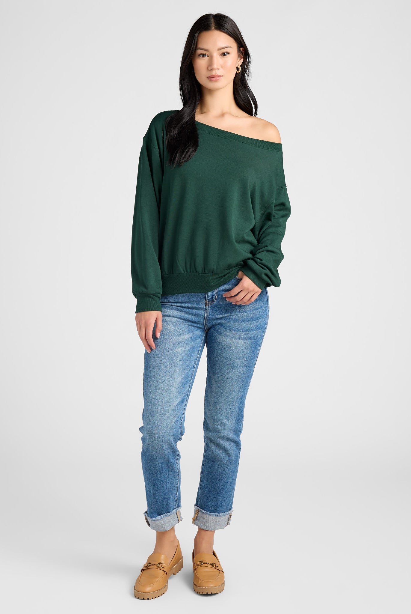 Hunter Green $|& SEAS Brooksville One Shoulder Sweatshirt - SOF Full Front
