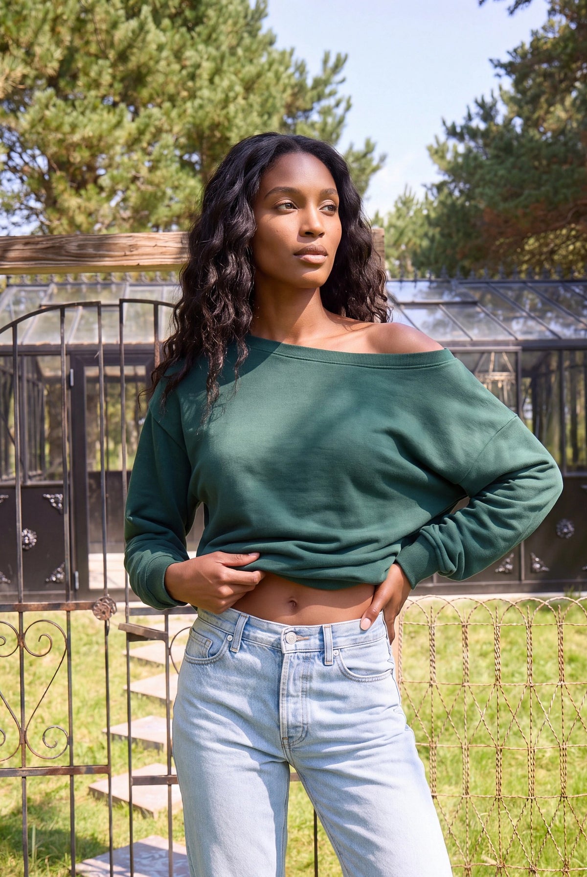 Hunter Green $|& SEAS Brooksville One Shoulder Sweatshirt - SOF Side