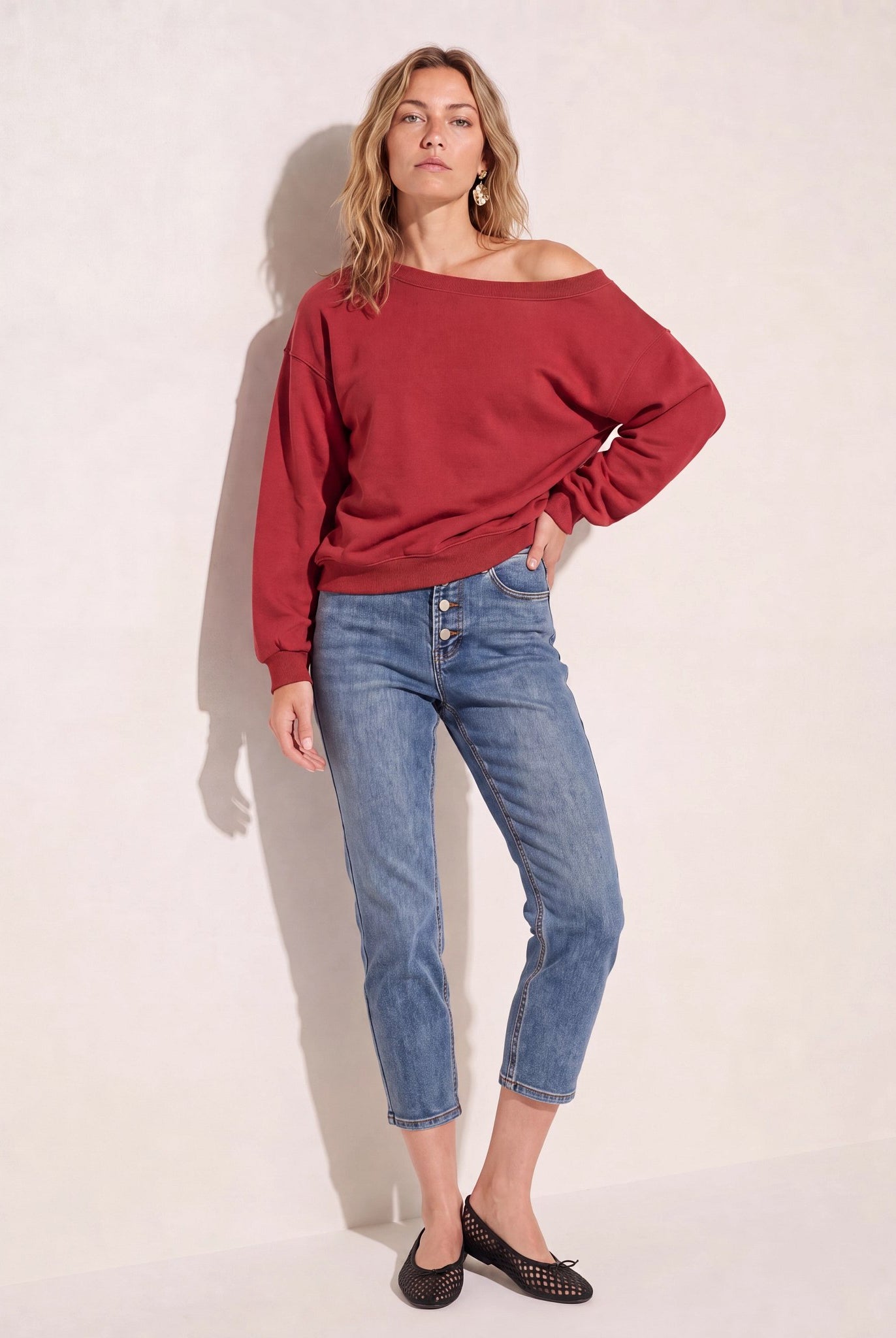 Rosewood $|& SEAS Brooksville One Shoulder Sweatshirt - SOF Full Front