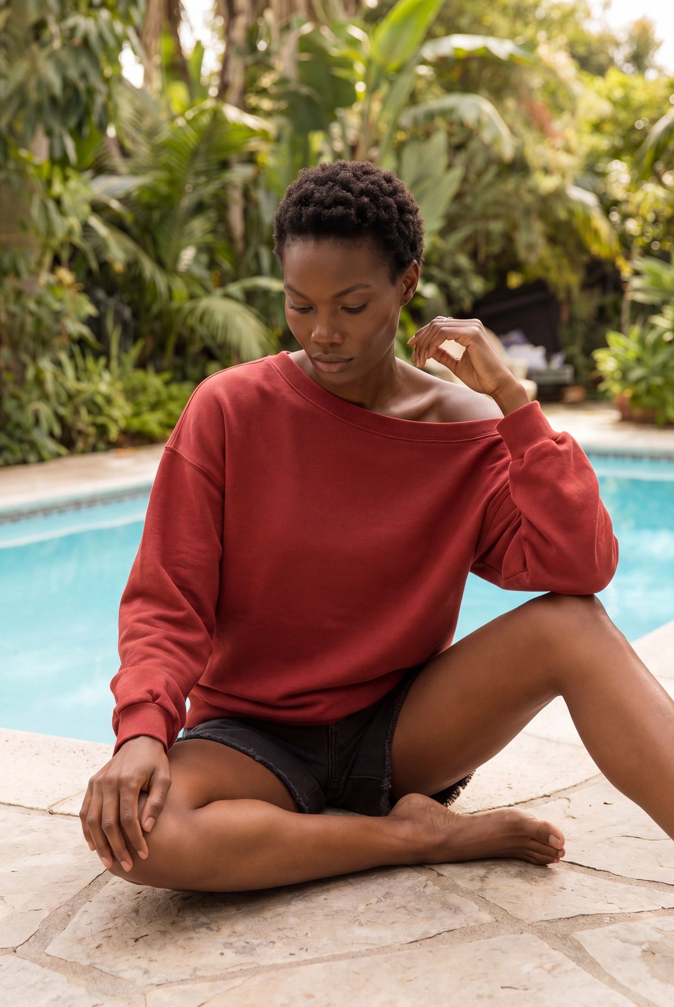 Rosewood $|& SEAS Brooksville One Shoulder Sweatshirt - SOF Side