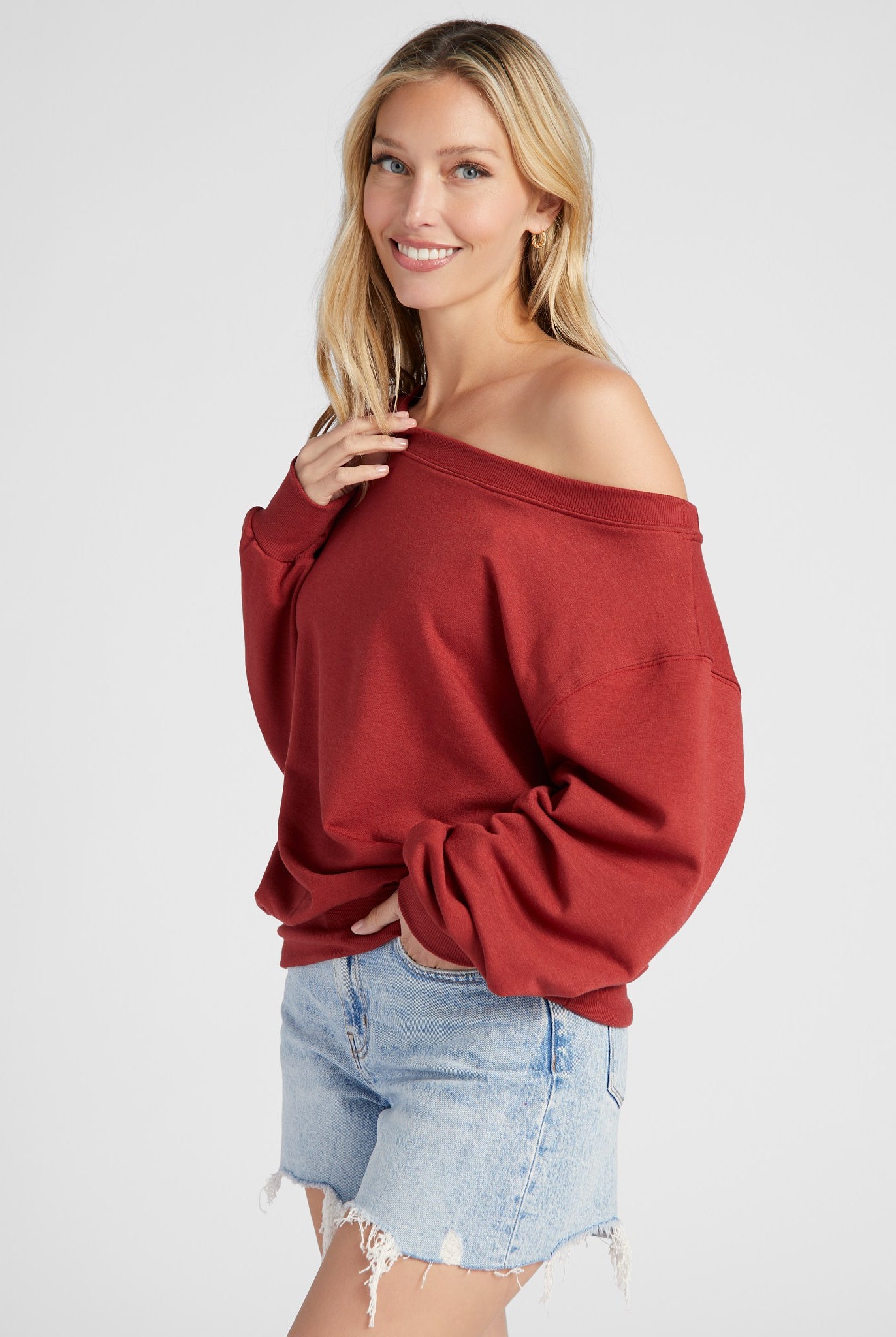Rosewood $|& SEAS Brooksville One Shoulder Sweatshirt - SOF Front