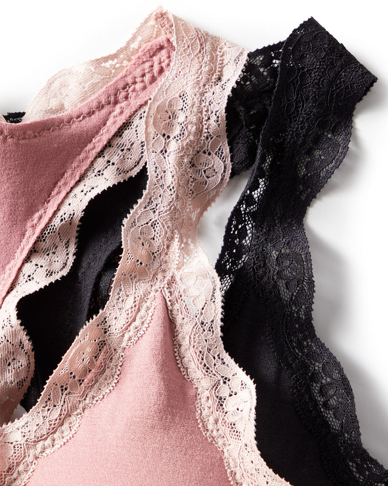 Ash Rose/Black $|& real Underwear 2PK Longline Seamless with Contrast Lace - Hanger Detail