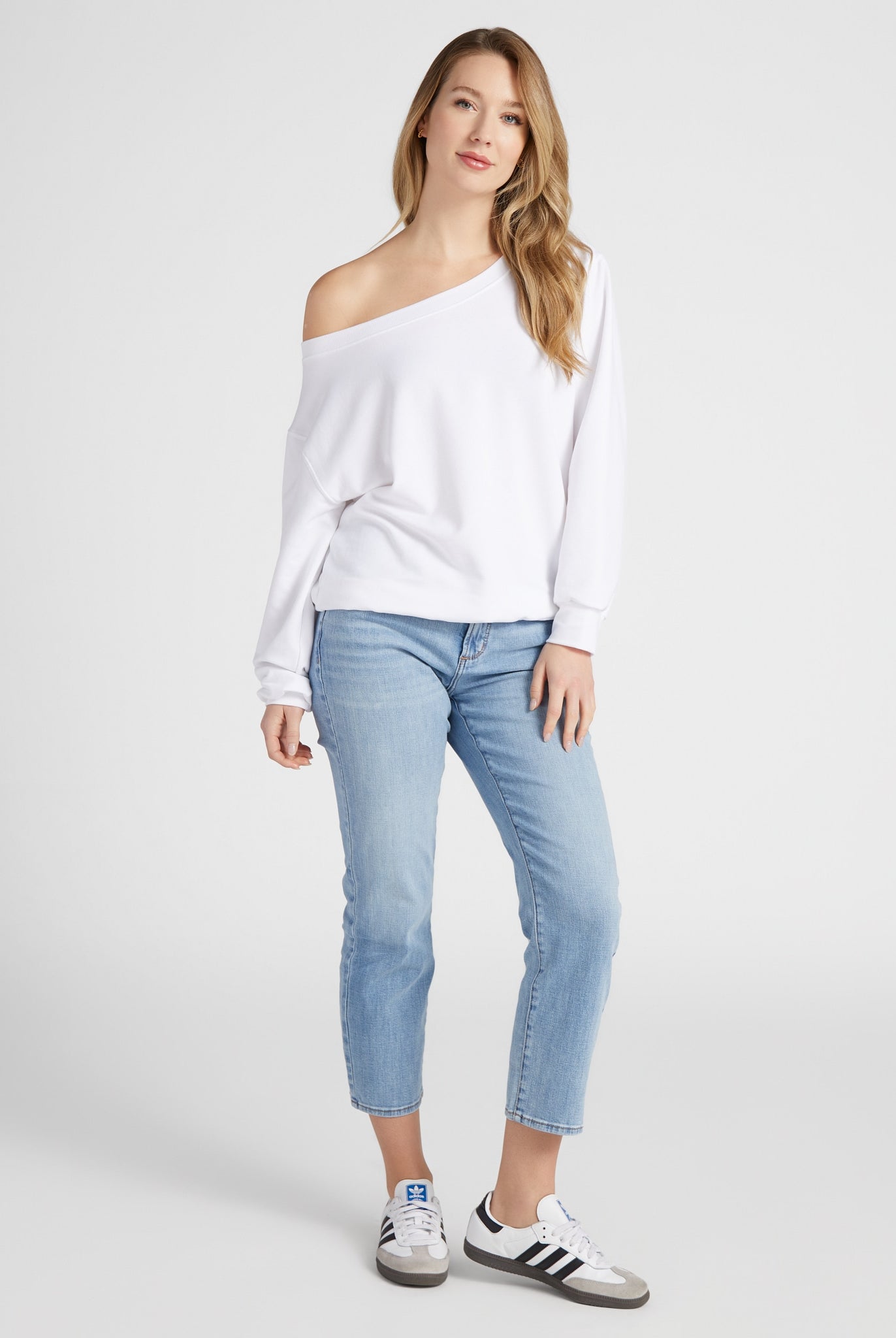 White $|& SEAS Brooksville One Shoulder Sweatshirt - SOF Full Front
