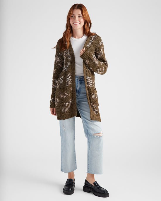 Olive Leopard $|& B Collection by Bobeau Animal Popcorn Cardigan - SOF Full Front