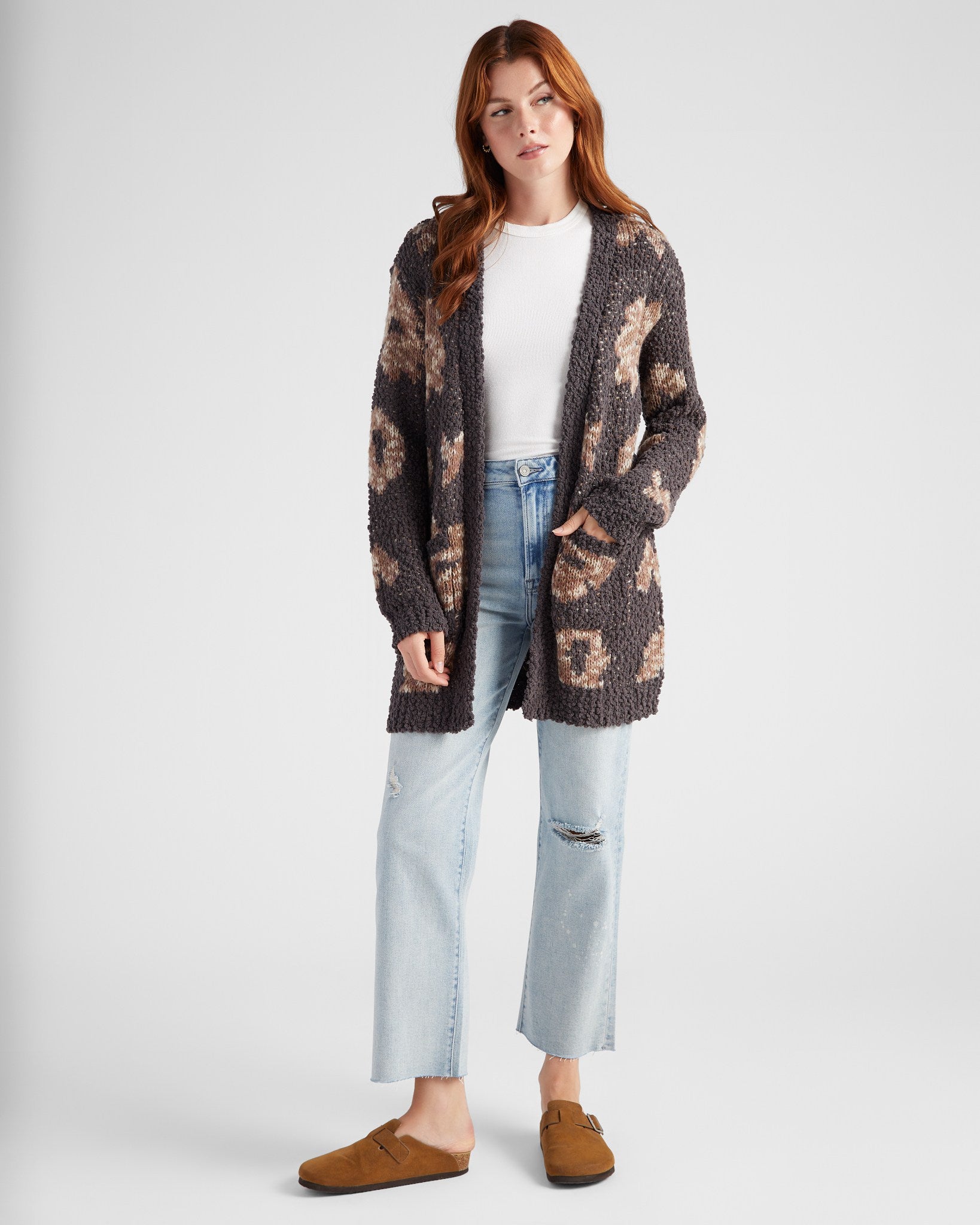 Charcoal Floral $|& Bobeau Floral Popcorn Cardigan - SOF Full Front