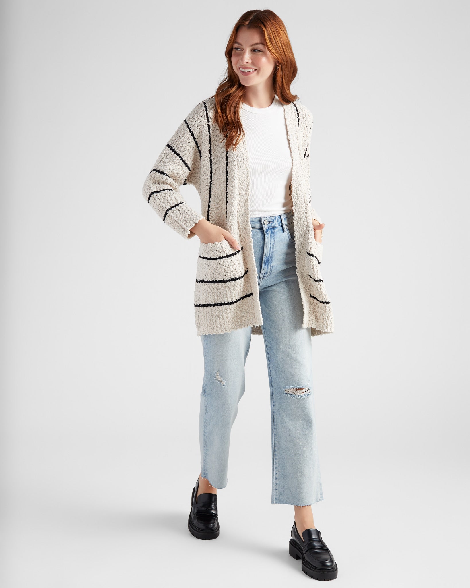 Cream/Black $|& Bobeau Striped Popcorn Cardigan - SOF Full Front