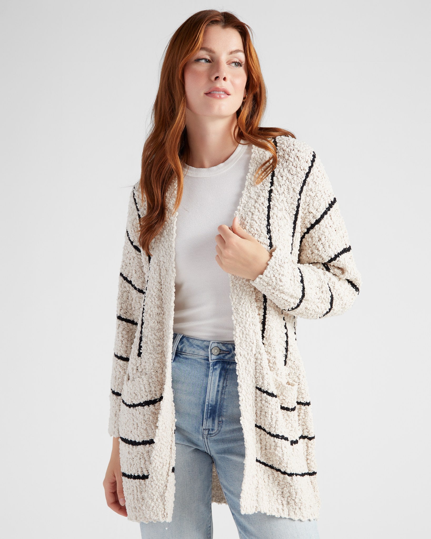 Cream/Black $|& Bobeau Striped Popcorn Cardigan - SOF Front