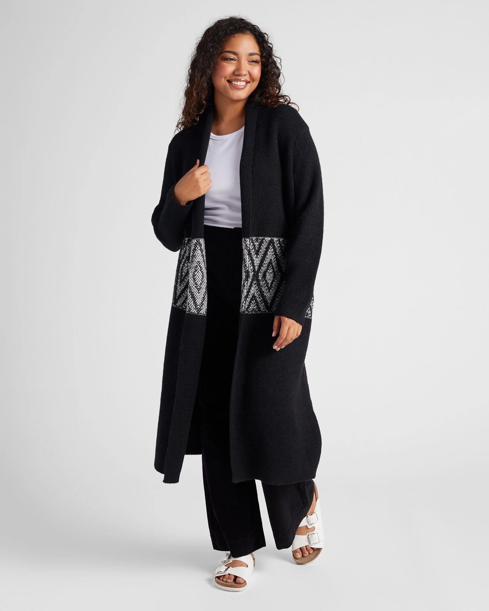 Black/Ivory $|& Bobeau Long Sleeve Shawl Neck Cardigan - SOF Front