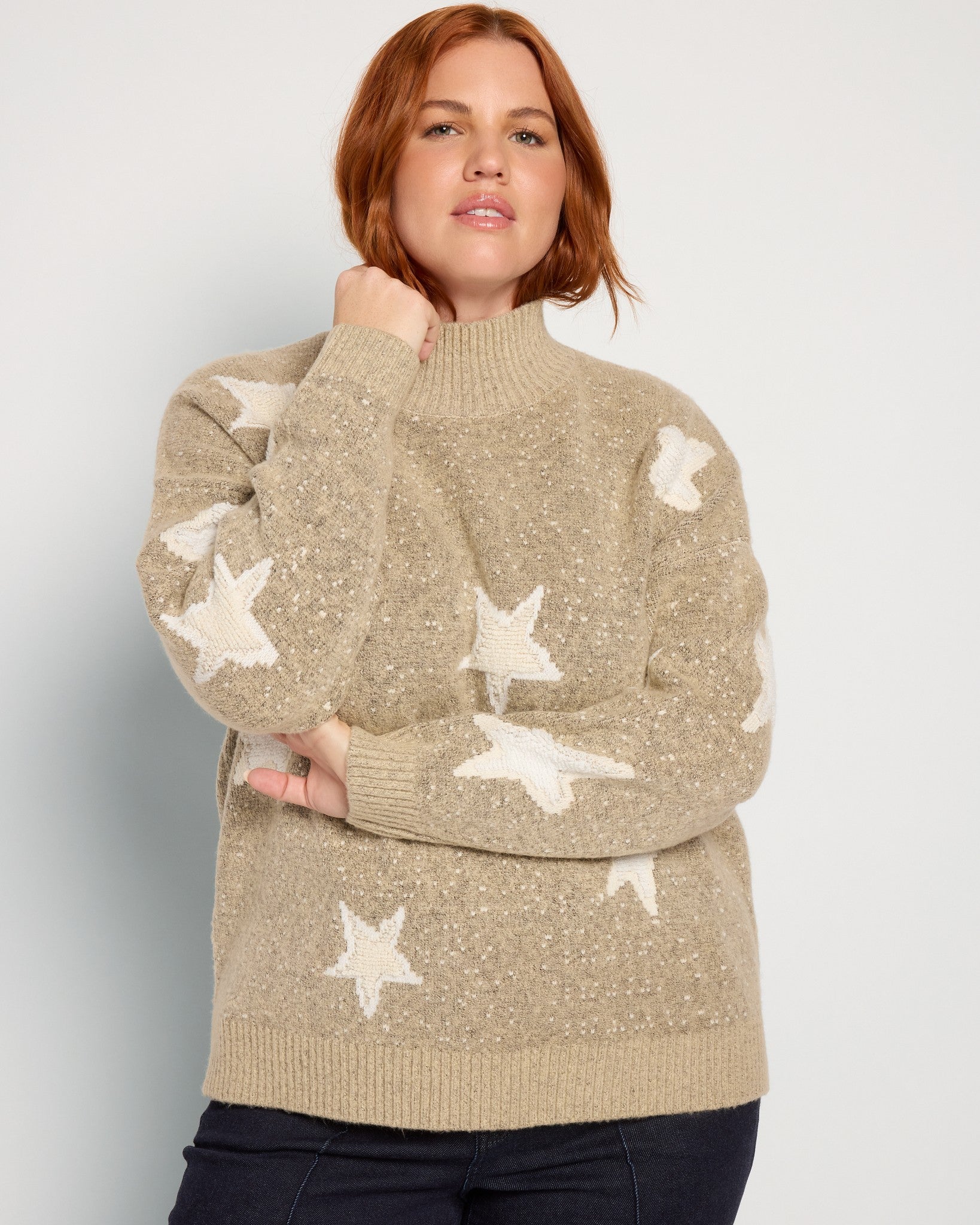 Taupe Star $|& Bobeau Printed Turtleneck Sweater - SOF Front
