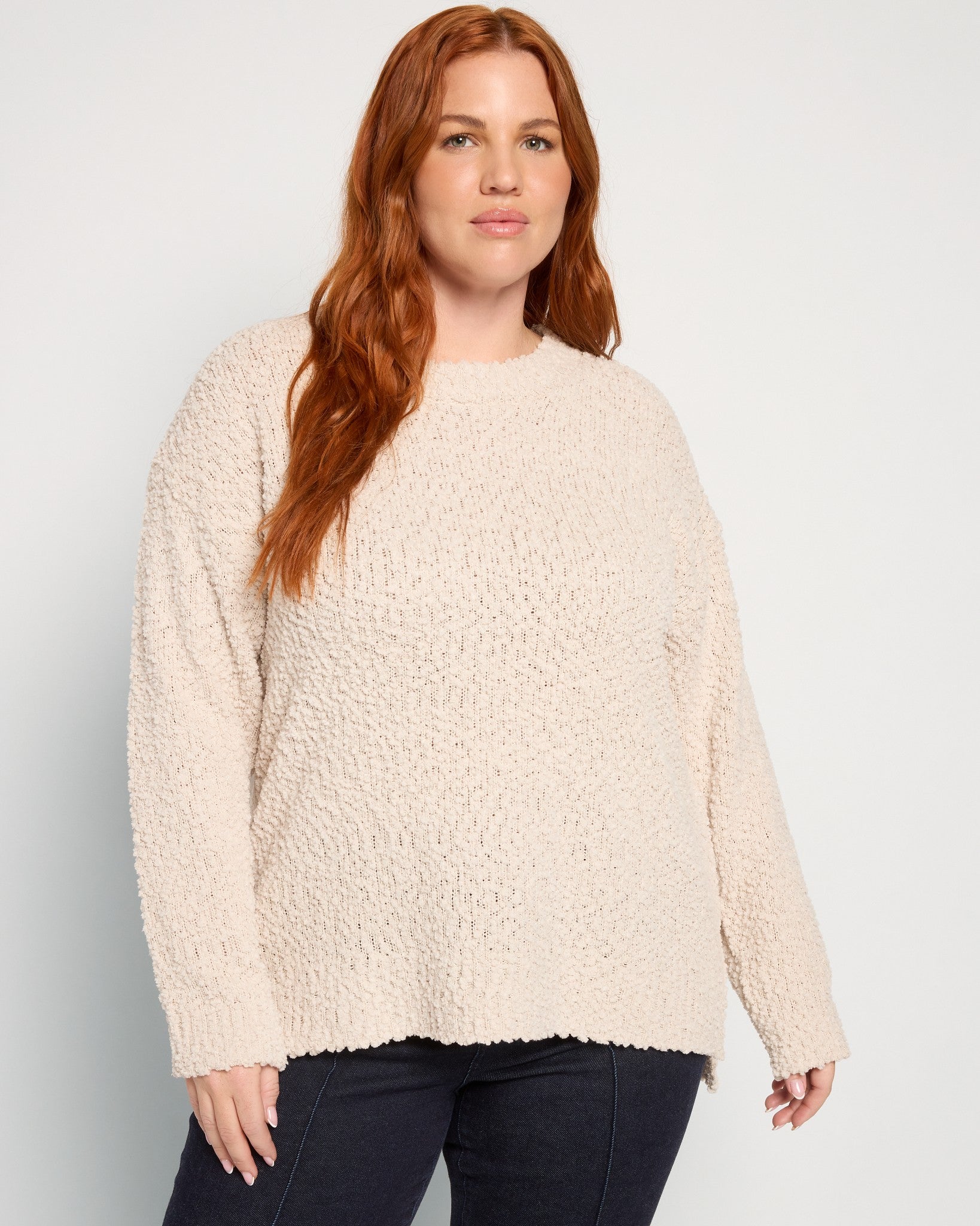 Cream $|& Bobeau Hi-Low Popcorn Pullover Sweater - SOF Front
