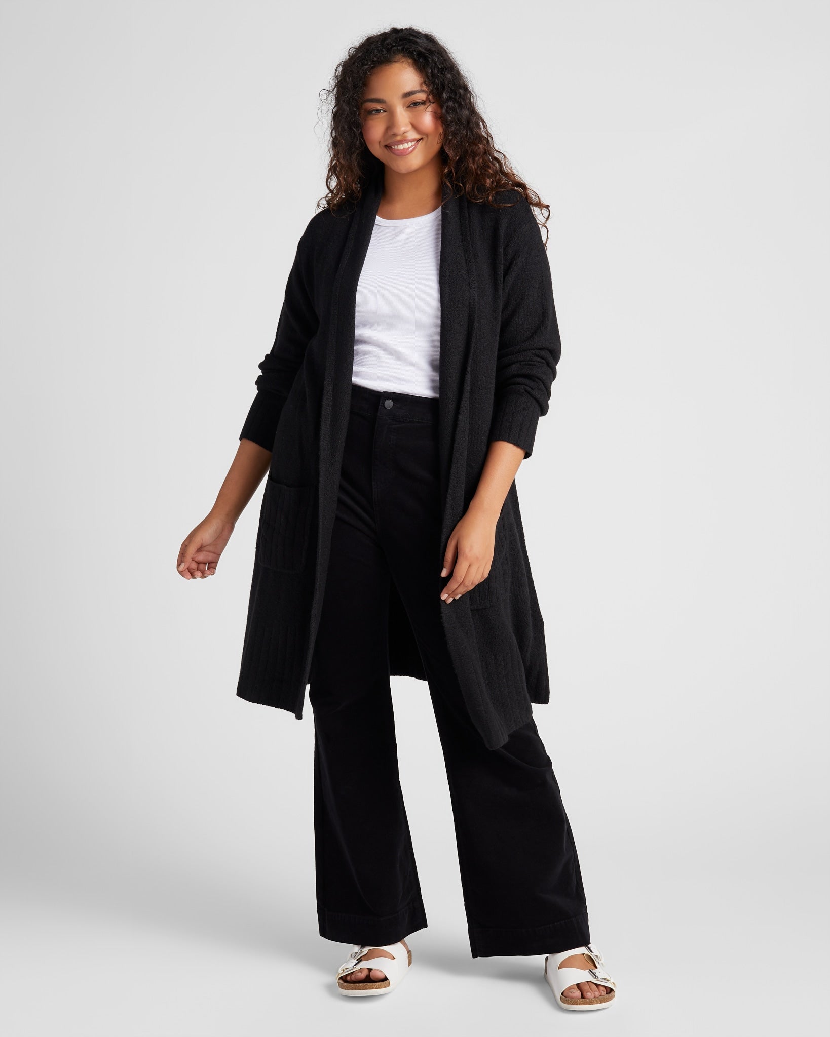 Black $|& Bobeau Long Sleeve Open Front Cardigan - SOF Front