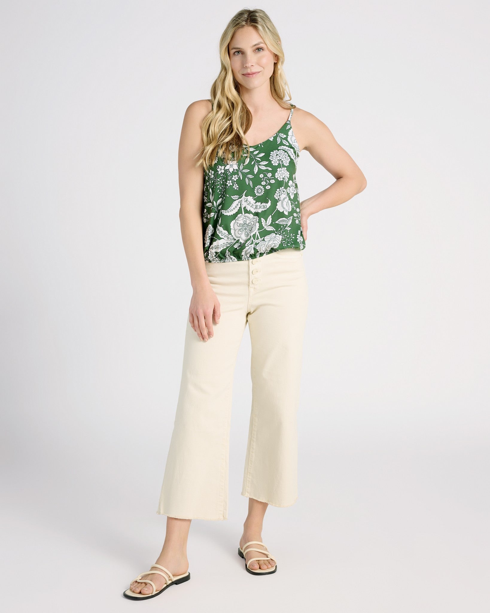 Green/White Floral $|& West Kei Sleeveless V-Neck Knit Floral Cami Top - SOF Full Front
